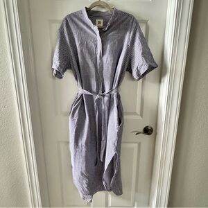 Aish blue & white stripe midi button down belted dress